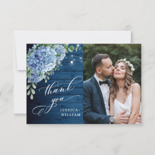 Blue Hydrangea Lantern Navy Wood Photo Wedding Thank You Card
