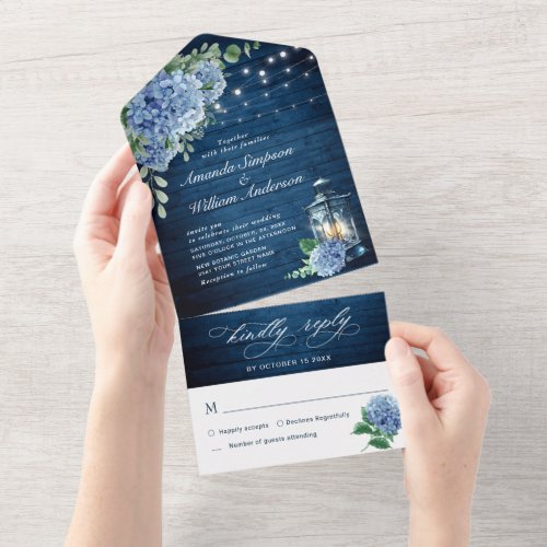 Blue Hydrangea Lantern Navy Wood Wedding All In One Invitation