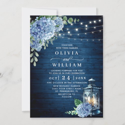 Blue Hydrangea Lantern Navy Wood Wedding Invitation