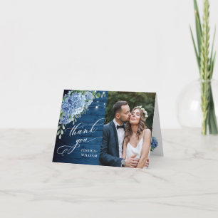 Blue Hydrangea Lantern Navy Wood Wedding Photo Letterpress Thank You Card
