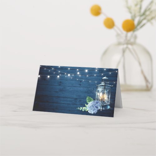 Blue Hydrangea Lantern Navy Wood Wedding Table Place Card