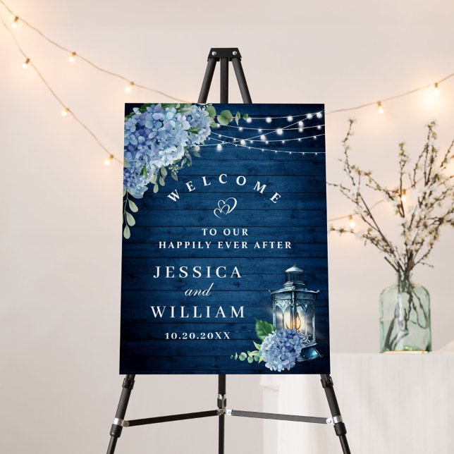 Blue Hydrangea Lantern Navy Wood Welcome Wedding Foam Board (Creator Uploaded)
