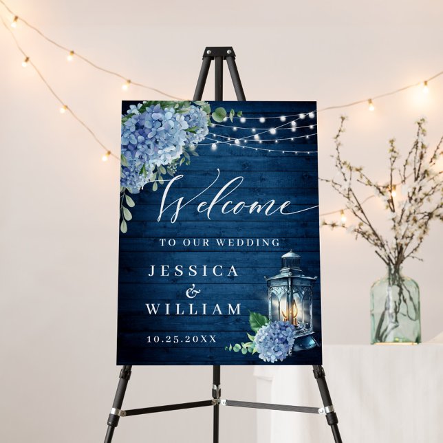 Blue Hydrangea Lantern Navy Wood Welcome Wedding Foam Board (Creator Uploaded)