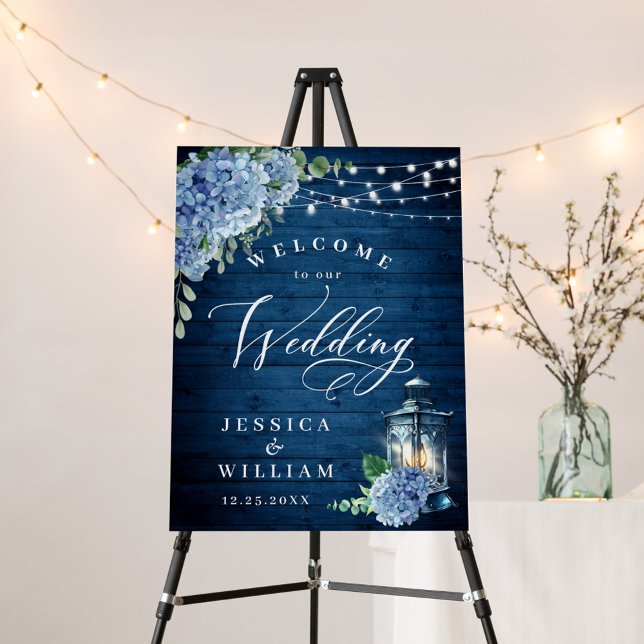 Blue Hydrangea Lantern Navy Wood Welcome Wedding Foam Board (Creator Uploaded)