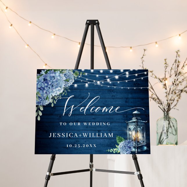Blue Hydrangea Lantern Navy Wood Welcome Wedding Foam Board (Creator Uploaded)