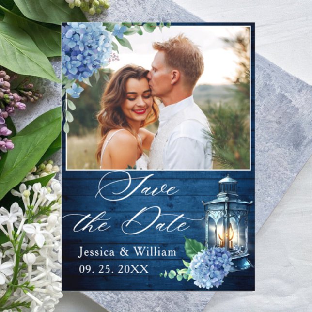 Blue hydrangea Lantern PHOTO Wedding Save the Date Postcard (Creator Uploaded)