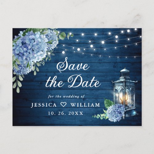 Blue Hydrangea Lantern Wedding Save the Date Postcard