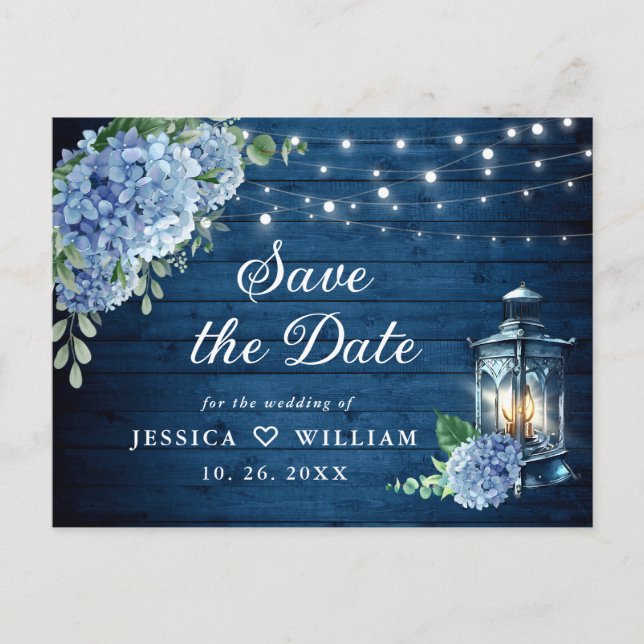 Blue Hydrangea Lantern Wedding Save the Date Postcard (Front)
