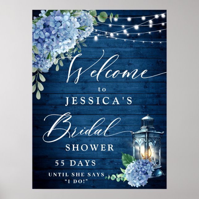 Blue Hydrangea Lantern Wood Boho Bridal Shower Poster (Front)