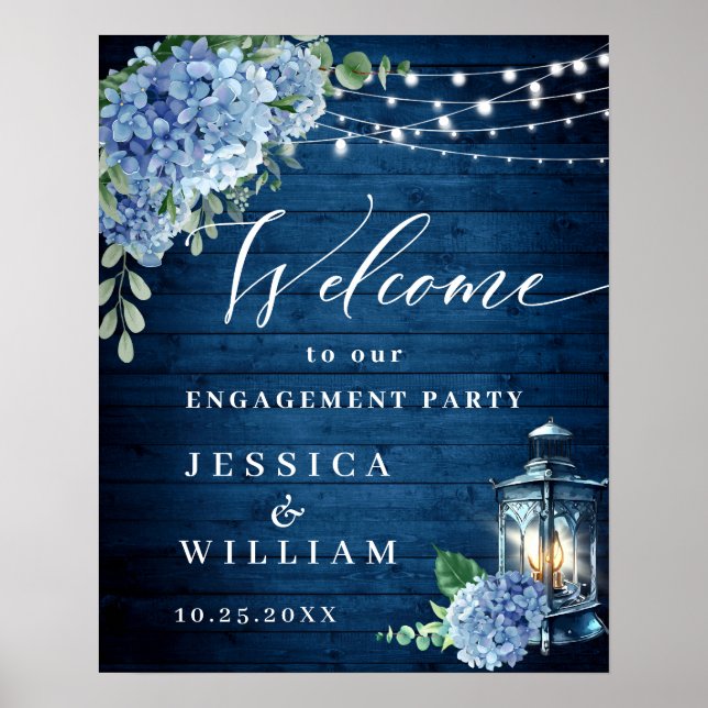 Blue Hydrangea Lantern Wood Boho ENGAGEMENT PARTY Poster (Front)