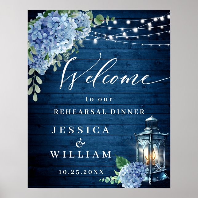 Blue Hydrangea Lantern Wood Boho Rehearsal Dinner Poster (Front)