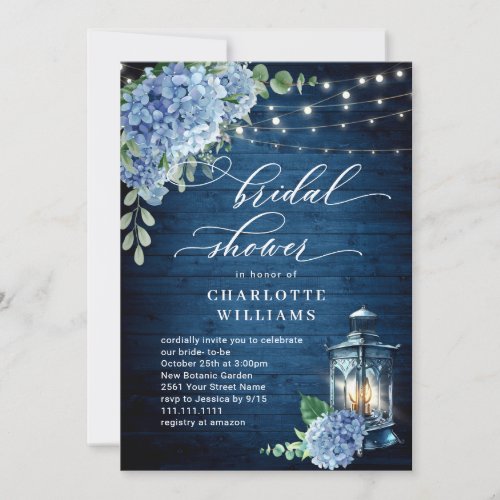 Blue Hydrangea Lantern Wood Bridal Shower Invitation