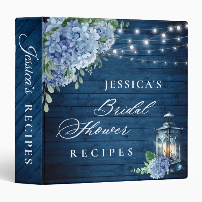 Blue Hydrangea Lantern Wood Bridal Shower Recipe 3 Ring Binder (Front/Spine)