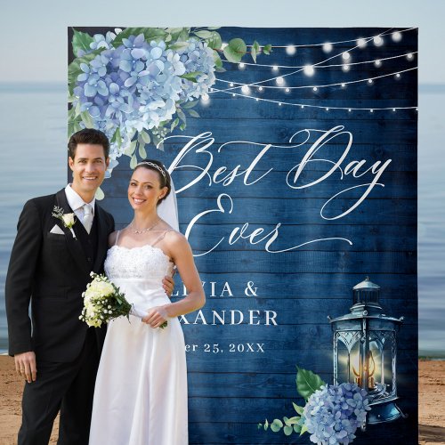 Blue Hydrangea Lantern Wood Photo Wedding Backdrop