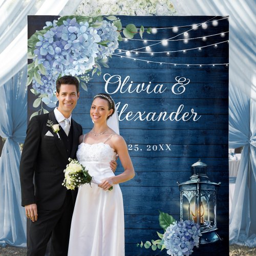 Blue Hydrangea Lantern Wood Photo Wedding Backdrop