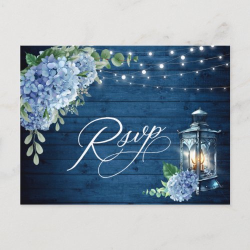 Blue Hydrangea Lantern Wood RSVP Meal Choice Postcard