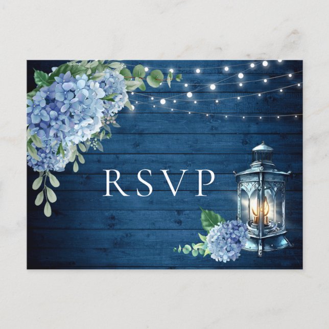 Blue Hydrangea Lantern Wood RSVP Meal Choice Postcard (Front)