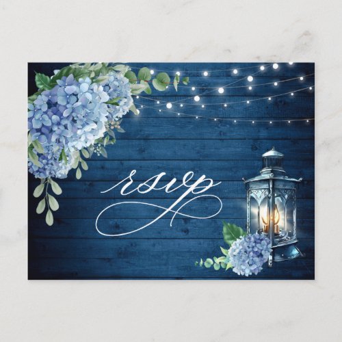 Blue Hydrangea Lantern Wood RSVP Meal Choice Postcard