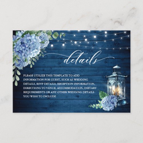 Blue Hydrangea Lantern Wood Wedding Details Enclosure Card