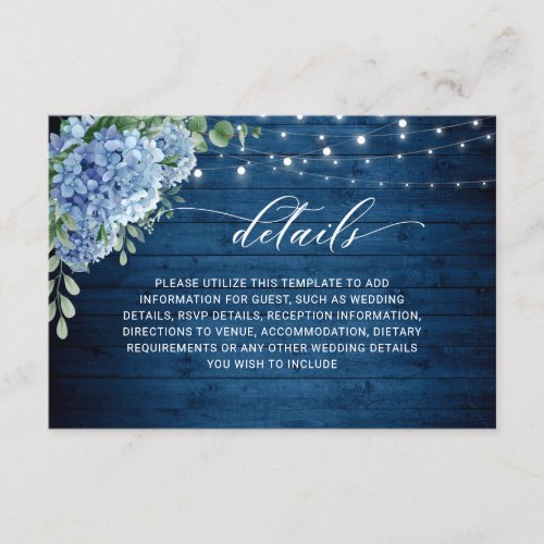 Blue Hydrangea Lantern Wood Wedding Details Enclosure Card