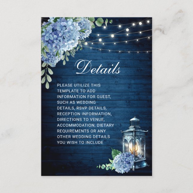 Blue Hydrangea Lantern Wood Wedding Details Enclosure Card (Front)