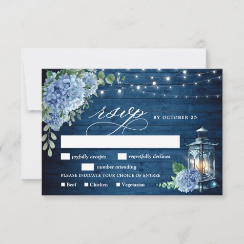 Blue Hydrangea Lantern Wood Wedding Rustic RSVP Card