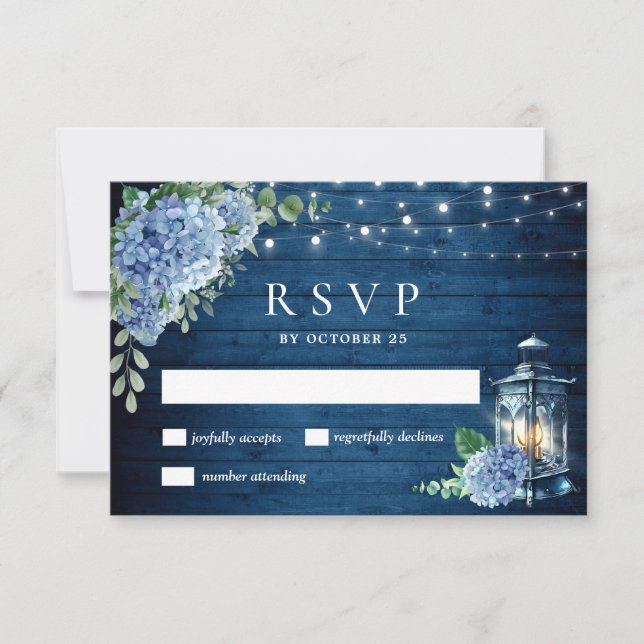 Blue Hydrangea Lantern Wood Wedding Rustic RSVP Card (Front)
