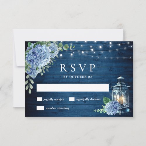 Blue Hydrangea Lantern Wood Wedding Rustic RSVP Card