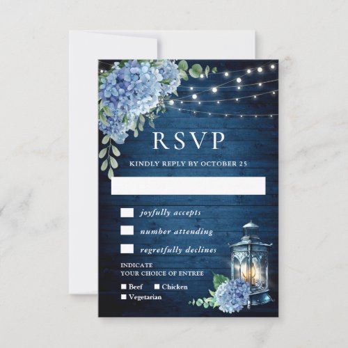 Blue Hydrangea Lantern Wood Wedding Rustic RSVP Card