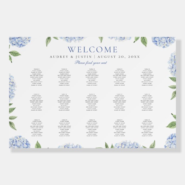 Blue Hydrangea Large Landscape Seating Chart Foam Board (Front)