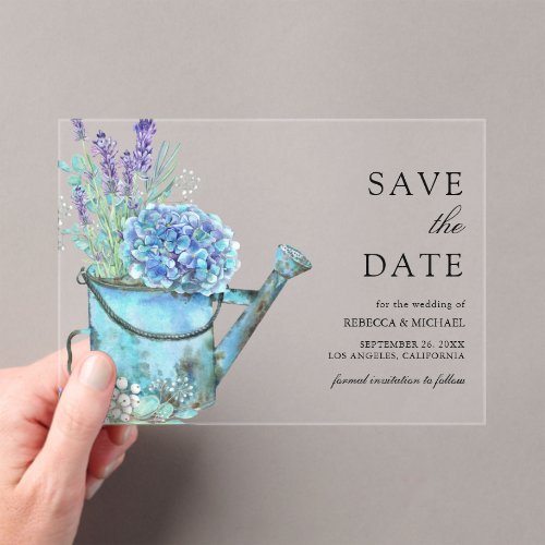 Blue Hydrangea Lavender Wedding Save the Date Acrylic Invitations
