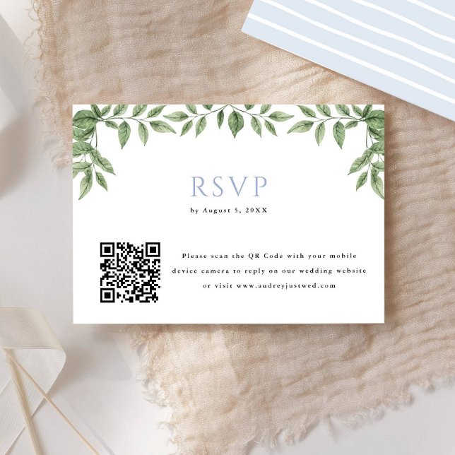 Blue Hydrangea Leaf QR Code Wedding Reply RSVP Card (Creator Uploaded)