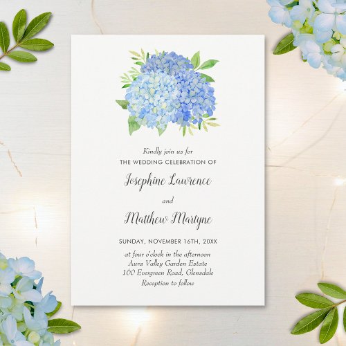 Blue Hydrangea Leaves Floral Watercolor Wedding Invitation