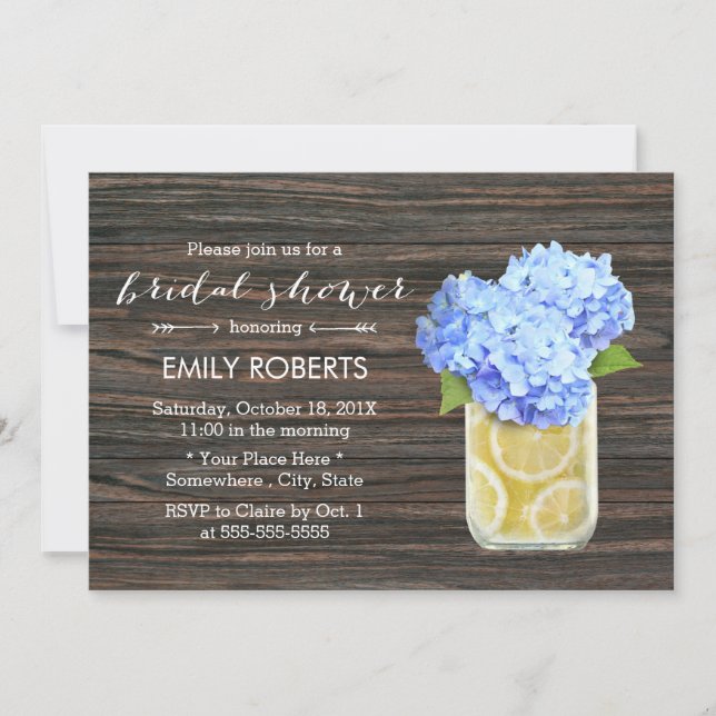 Blue Hydrangea & Lemons Jar Wood Bridal Shower Invitation (Front)