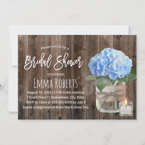 Blue Hydrangea Mason Jar Barn Wood Bridal Shower Invitation