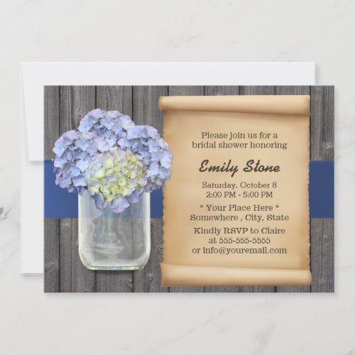 Blue Hydrangea  Mason Jar Barn Wood Bridal Shower Invitation