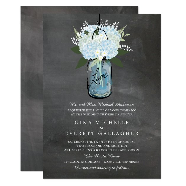 Blue Hydrangea Mason Jar Chalkboard | Wedding Invitation