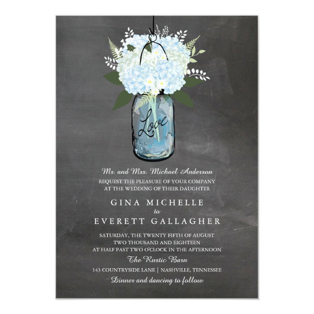 Blue Hydrangea Mason Jar Chalkboard | Wedding Invitation