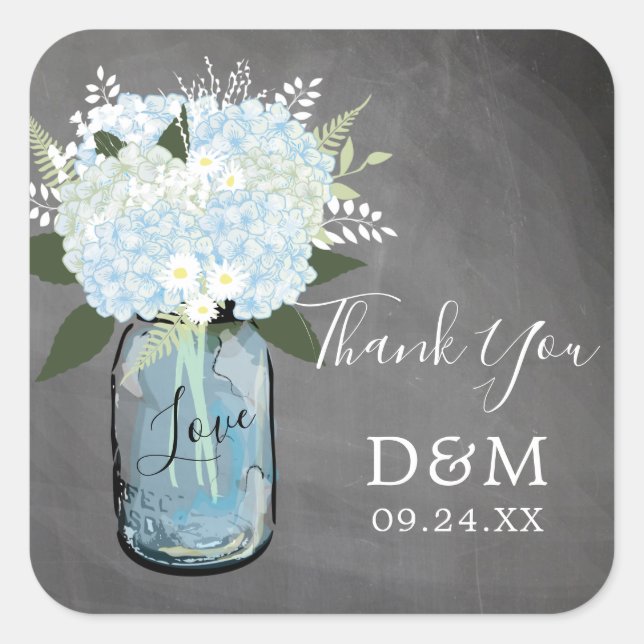 Blue Hydrangea Mason Jar Chalkboard Wedding Favor Square Sticker (Front)