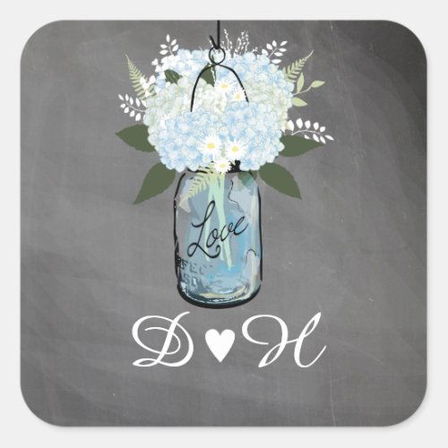 Blue Hydrangea Mason Jar Chalkboard  Wedding Square Sticker