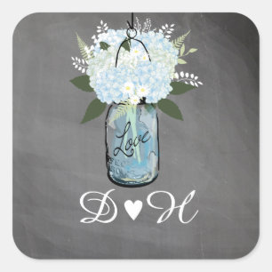 Blue Hydrangea Mason Jar Chalkboard   Wedding Square Sticker