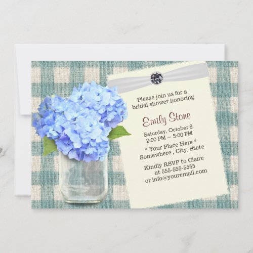 Blue Hydrangea  Mason Jar Plaid Bridal Shower Invitation