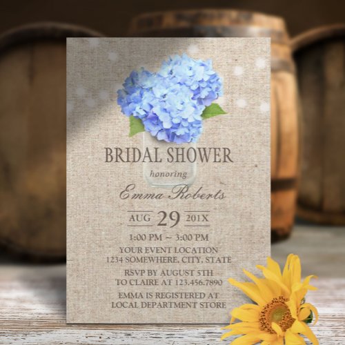Blue Hydrangea Mason Jar Rustic Bridal Shower Invitation