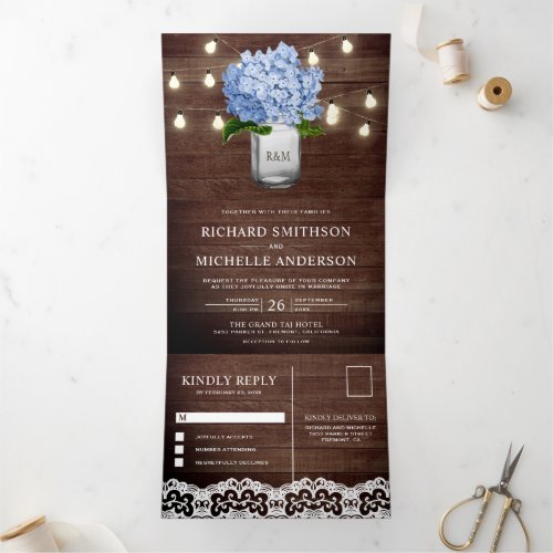 Blue Hydrangea Mason Jar String Lights Wedding Tri_Fold Invitation
