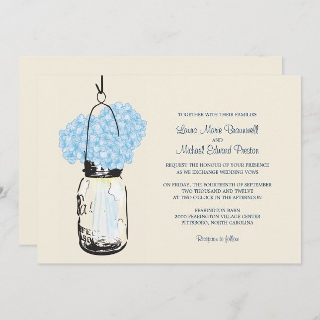 Blue Hydrangea Mason Jar Wedding Invitation (Front/Back)