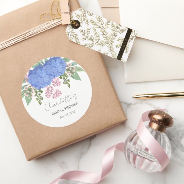 Blue Hydrangea Modern  Floral Bridal Shower Classic Round Sticker (Gifting)
