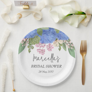 Blue Hydrangea Modern Floral Bridal Shower Napkin Paper Plates