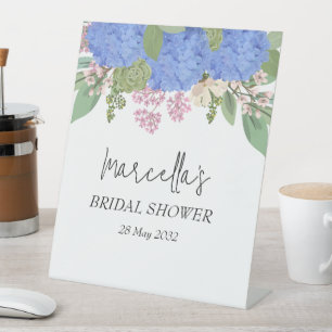 Blue Hydrangea Modern  Floral Bridal Shower Napkin Pedestal Sign