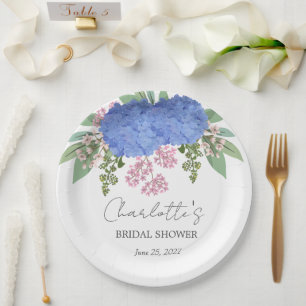 Blue Hydrangea Modern Floral Bridal Shower Paper Plates