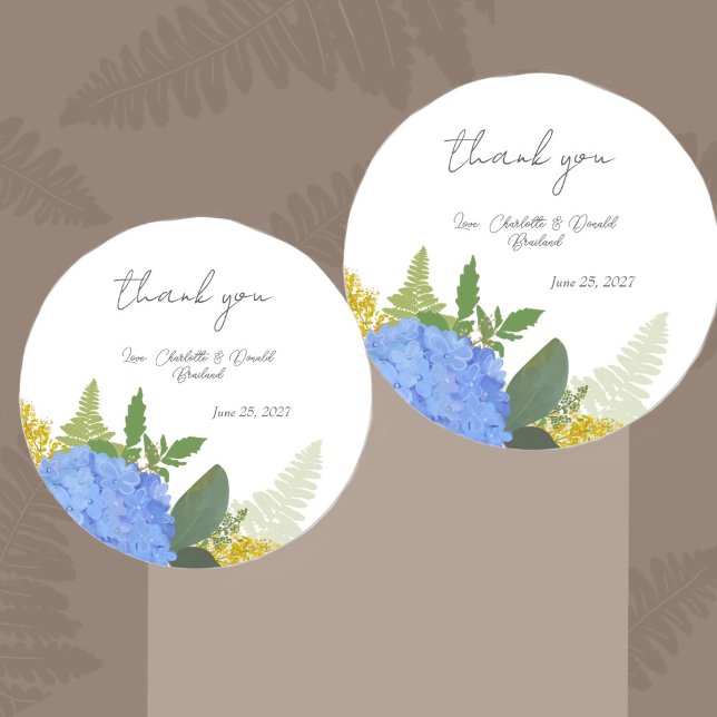 Blue Hydrangea Modern Floral Wedding Thank You Classic Round Sticker (Creator Uploaded)